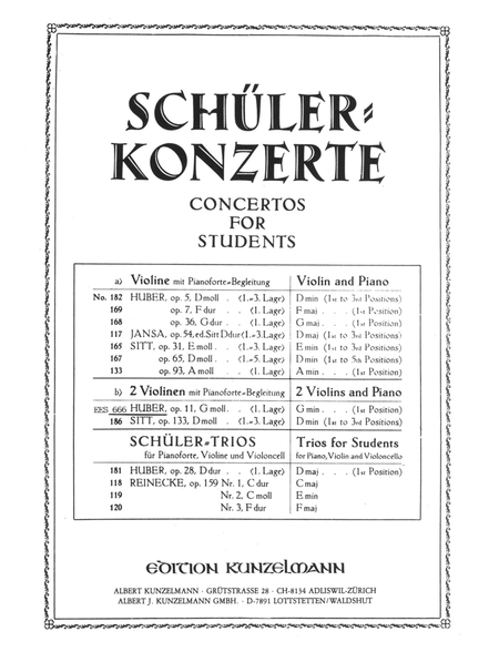 Concerto for 2 violins by Adolf Huber String Duet - Sheet Music