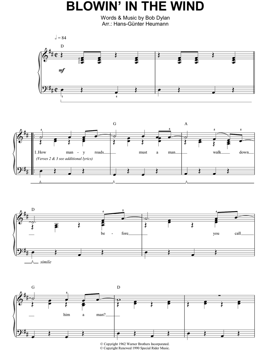 Blowin' In The Wind Easy Piano scores gallery preview page 1