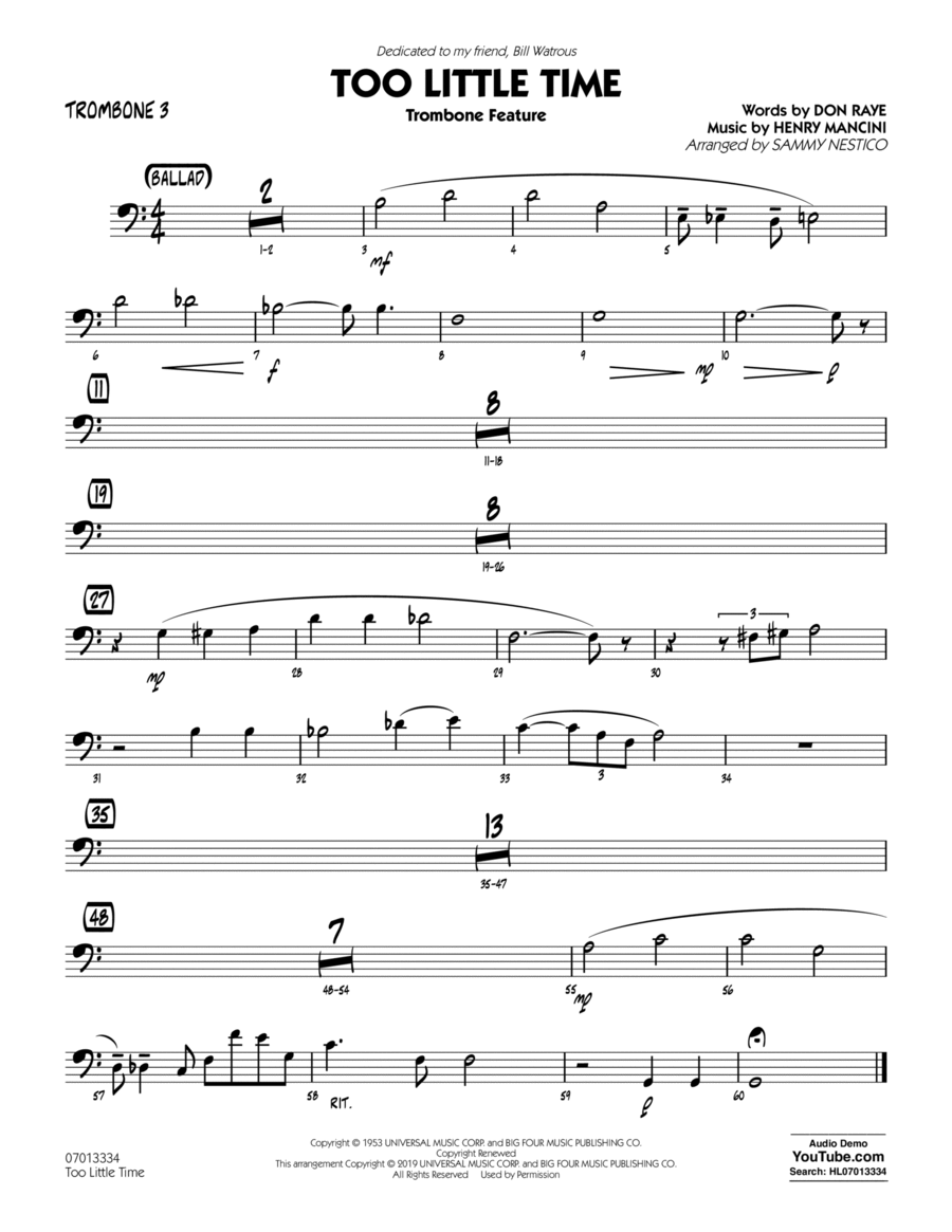 Too Little Time (arr. Sammy Nestico) - Conductor Score (Full Score) - Trombone 3