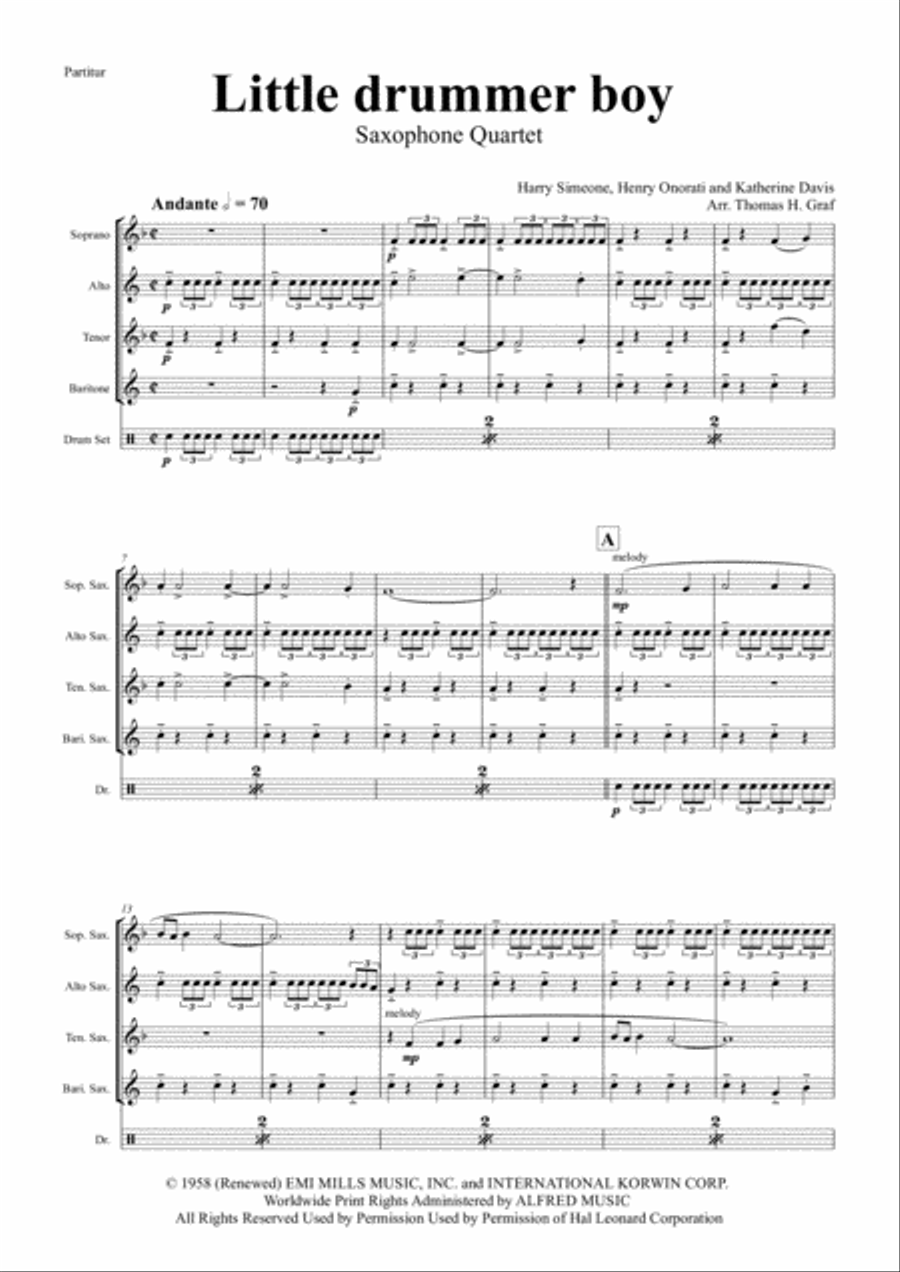 The Little Drummer Boy Saxophone Quartet scores gallery preview page 1