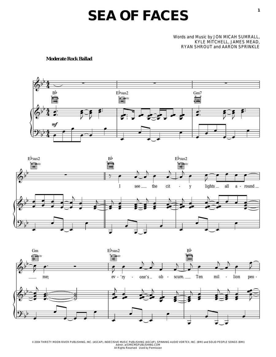 Sea Of Faces Piano, Vocal, Guitar scores gallery preview page 1
