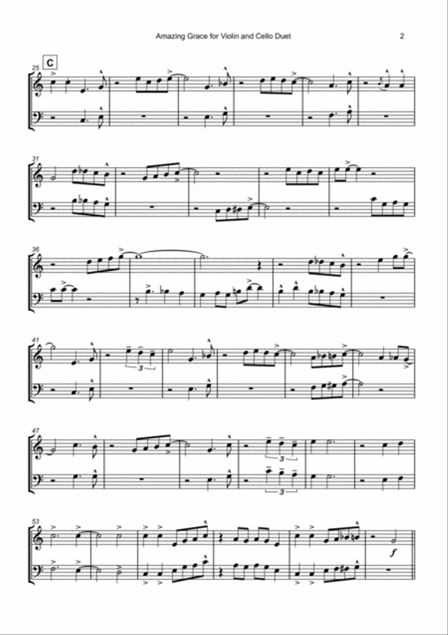Amazing Grace, Gospel style for Violin and Cello Duet String Duet scores gallery preview page 3