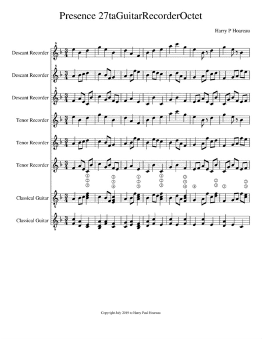 Presence 27ta Guitar and Recorder Octet Woodwind Ensemble scores gallery preview page 1