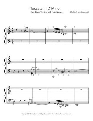 Toccata in D Minor Easy Piano Arrangement by JS Bach with note names
