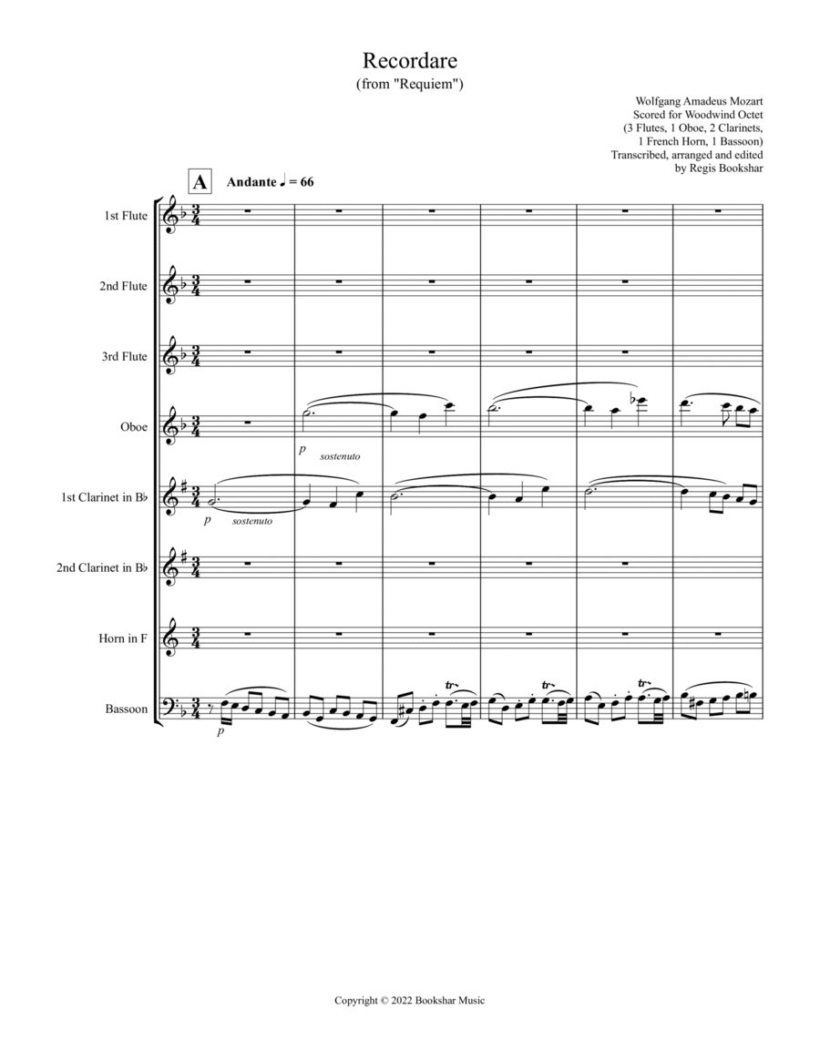 Recordare (from "Requiem") (F) (Woodwind Octet - 3 Flutes, 1 Oboe, 2 Clar, 1 Hrn, 1 Bassoon)