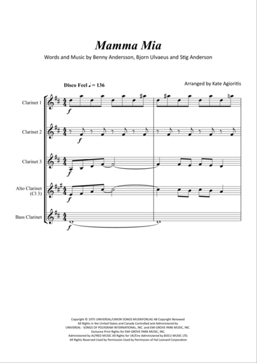 Mamma Mia Clarinet Quartet scores gallery preview page 2