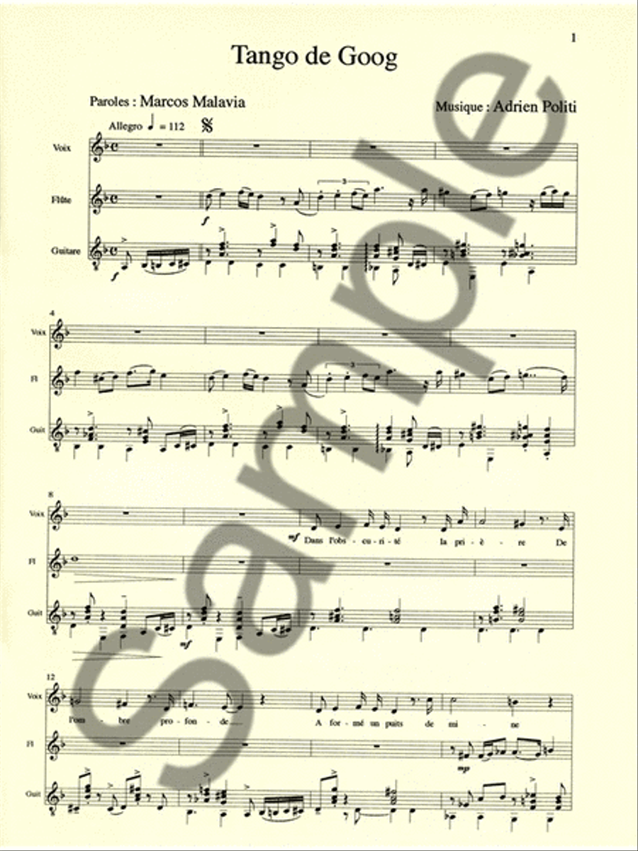 Politi Tango De Goog Voix (malavia) Voice Flute Guitar Score/parts