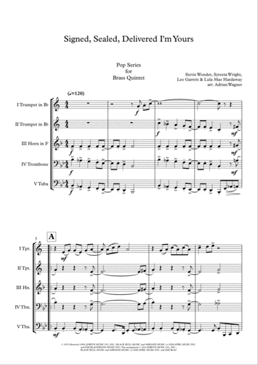 Signed, Sealed, Delivered I'm Yours Brass Quintet scores gallery preview page 3