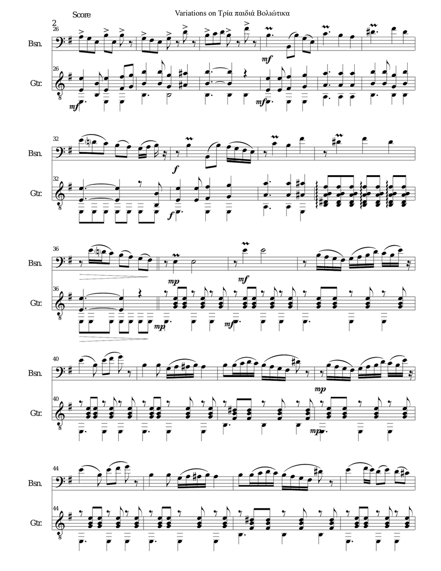 Variations on Tria paidia voliotika (Three young men from Volos) for bassoon and guitar Bassoon scores gallery preview page 2