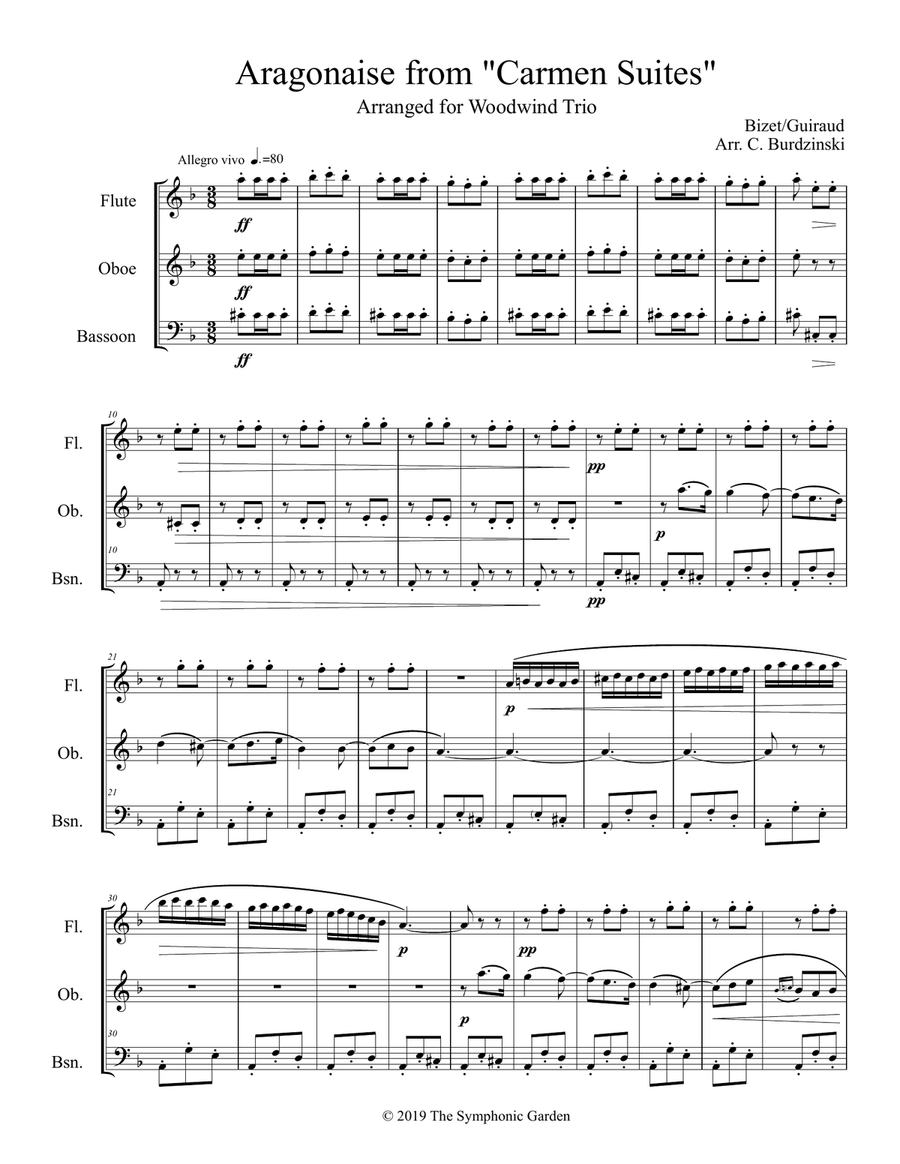 Aragonaise from Carmen - woodwind trio (flute, oboe, bassoon) Woodwind Trio scores gallery preview page 1