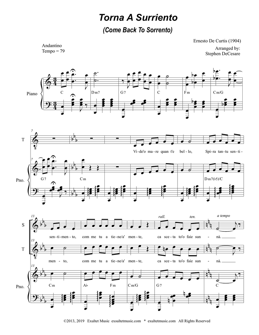 Torna A Surriento (Come Back to Sorrento) (Duet for Soprano & Tenor Solo) Tenor Voice scores gallery preview page 2