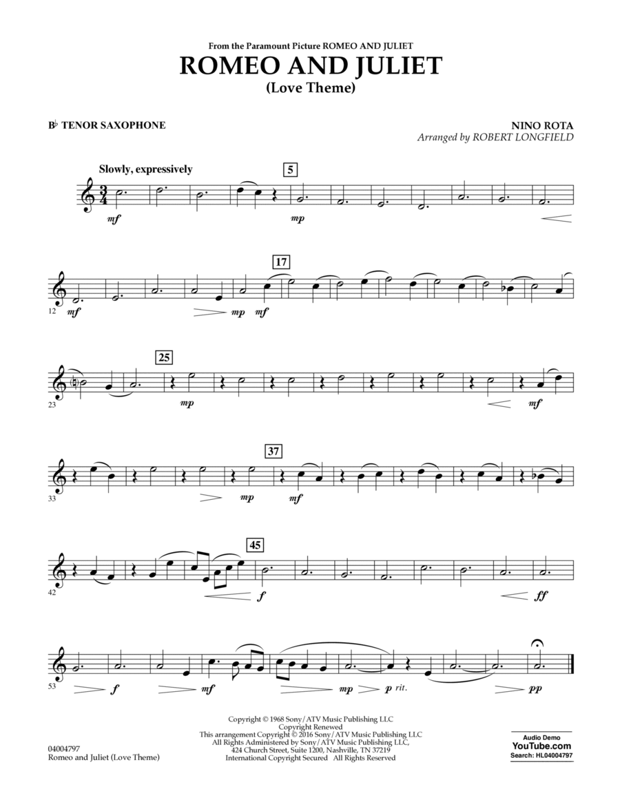 Romeo and Juliet (Love Theme) - Bb Tenor Saxophone Concert Band scores gallery preview page 1
