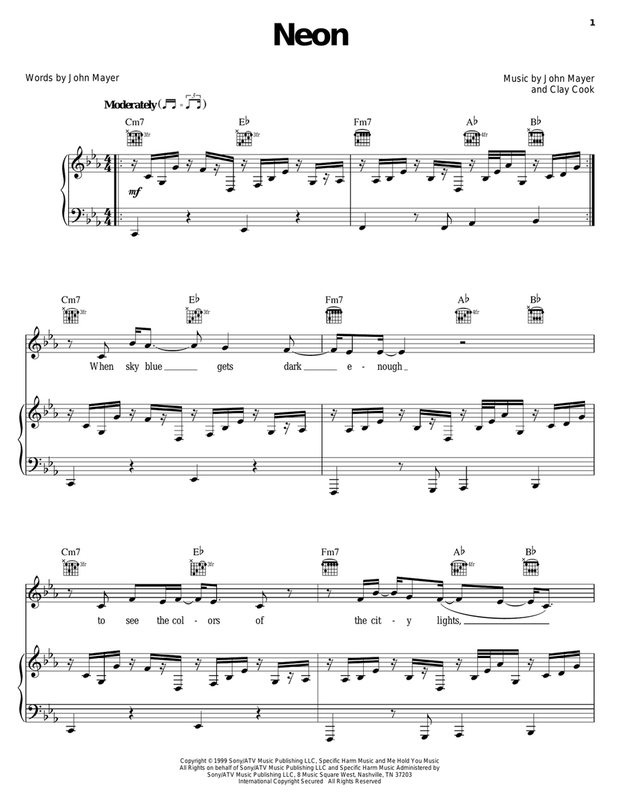 Neon Piano, Vocal, Guitar scores gallery preview page 1