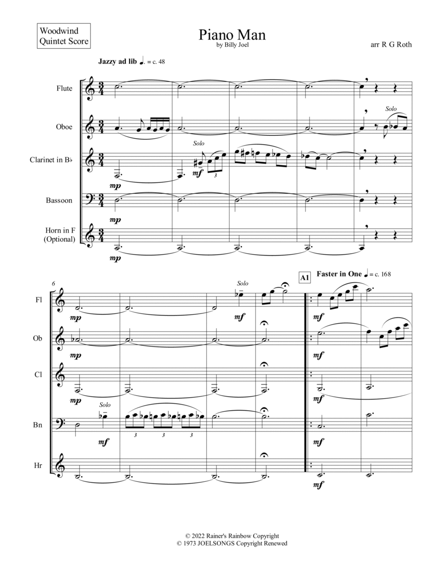 Piano Man Woodwind Quintet scores gallery preview page 1