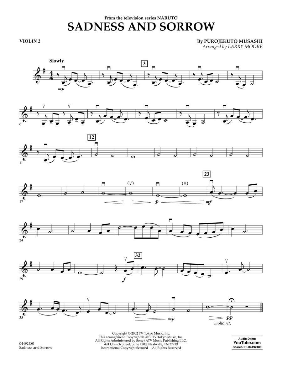 Sadness And Sorrow (from Naruto) (arr. Larry Moore) - Violin 2 String Orchestra scores gallery preview page 1