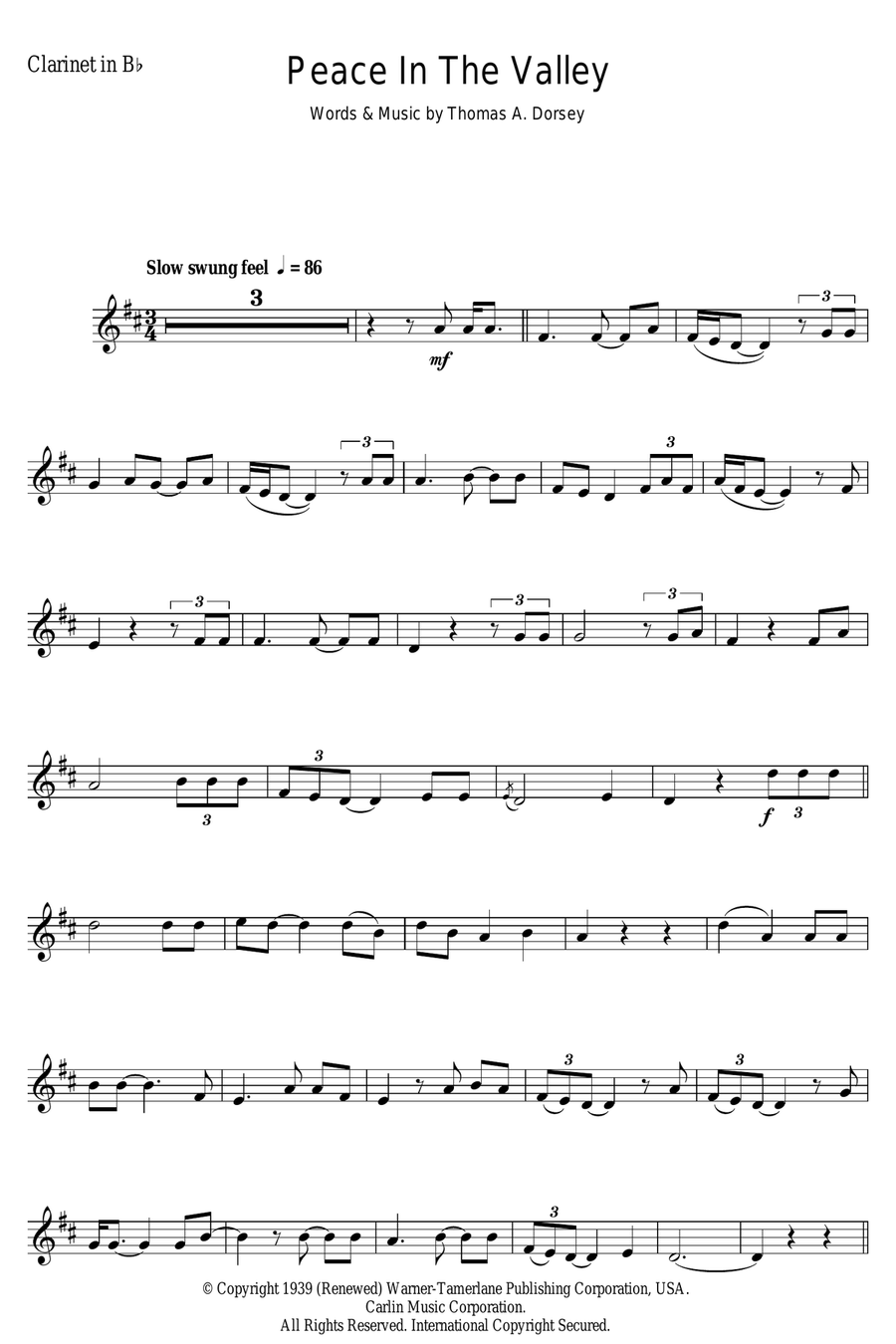 (There'll Be) Peace In The Valley (For Me) Clarinet Solo scores gallery preview page 1