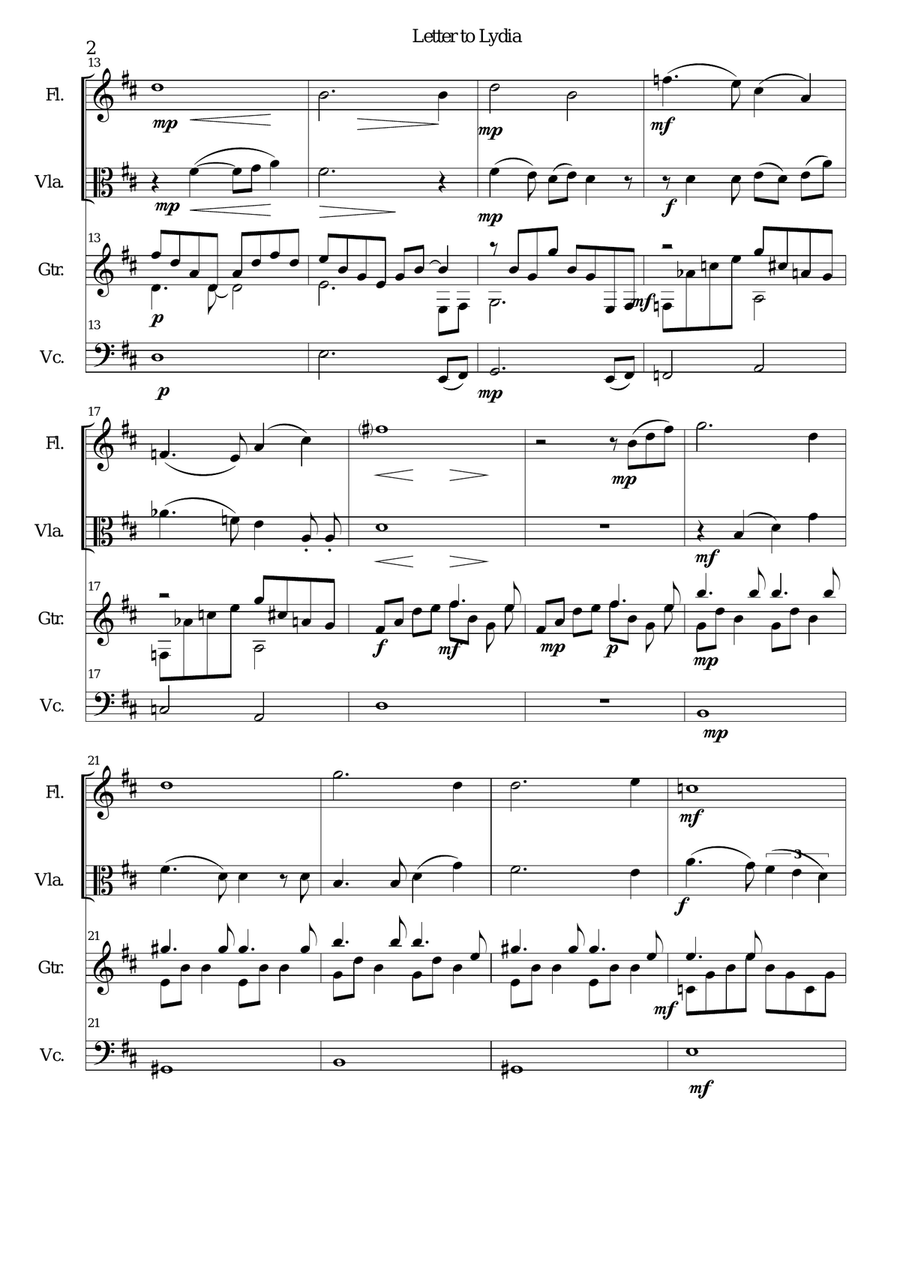 Letter to Lydia for viola, flute, cello and guitar Small Ensemble scores gallery preview page 2