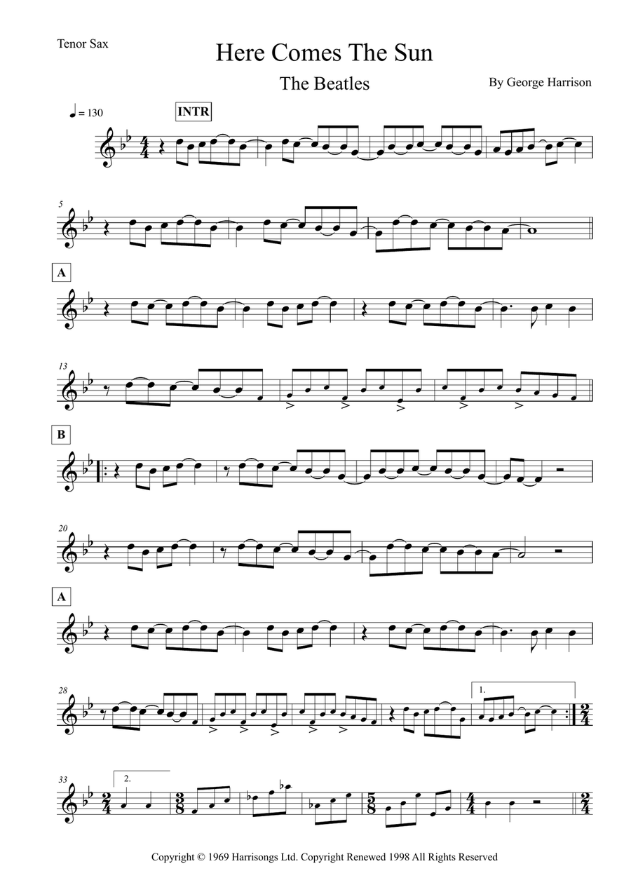Here Comes The Sun Tenor Saxophone scores gallery preview page 1