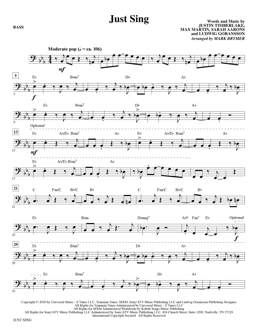 Just Sing (from Trolls World Tour) (arr. Mark Brymer) - Bass Choir scores gallery preview page 1