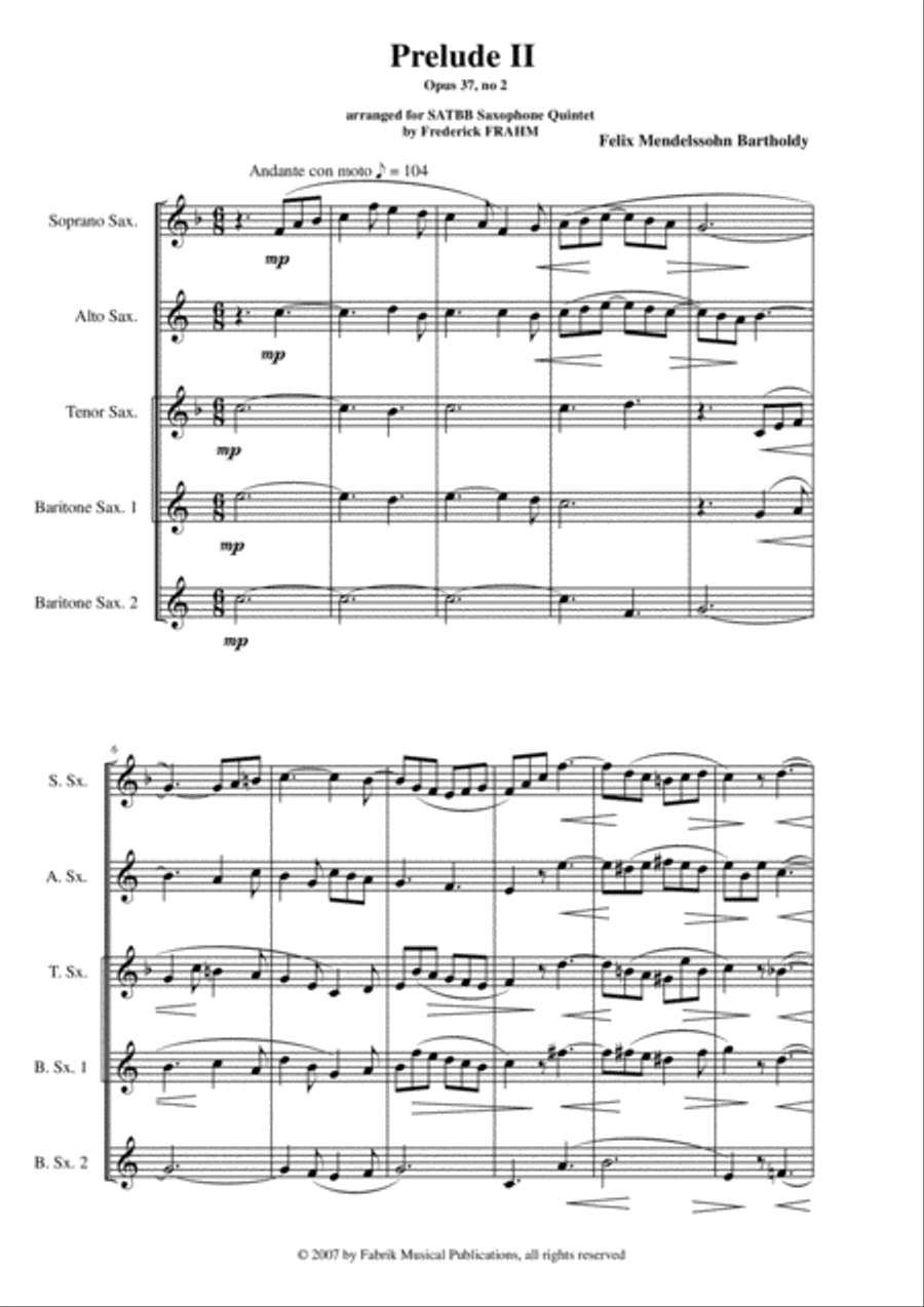 Felix Mendelssohn-Bartholdy: Prelude 2, opus 37, no. 2 arranged for SATBB(bs) saxophone quintet Saxophone Quintet scores gallery preview page 2