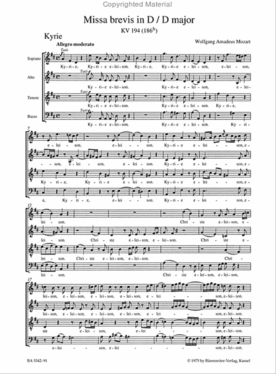 Missa brevis D major, KV 194 (186h) 4-Part scores gallery preview page 2