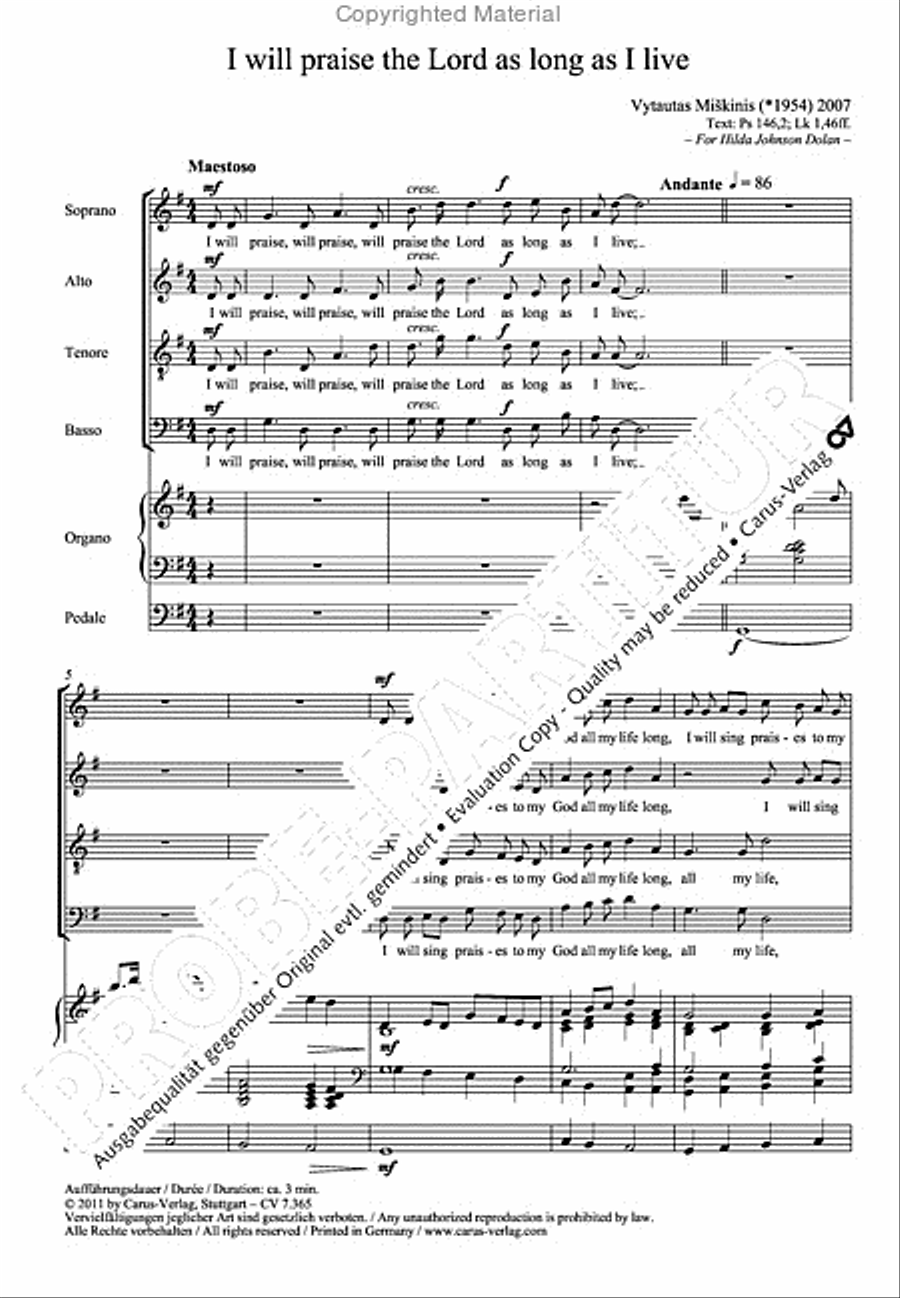 I will praise the Lord as long as I live 4-Part scores gallery preview page 3