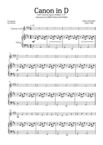 "Canon in D" by Pachelbel - Version for CLARINET SOLO with PIANO image number null