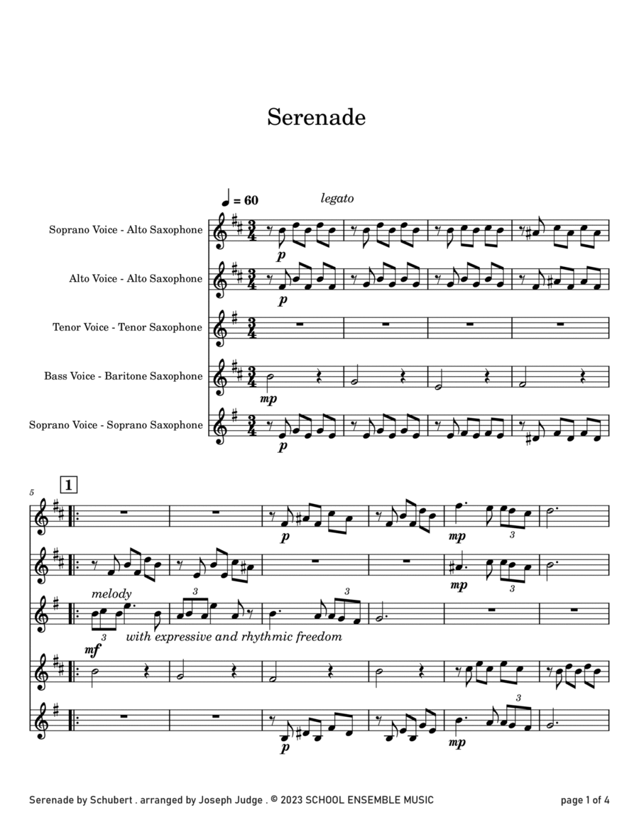 Serenade by Schubert for Saxophone Quartet in Schools Saxophone Quartet scores gallery preview page 1