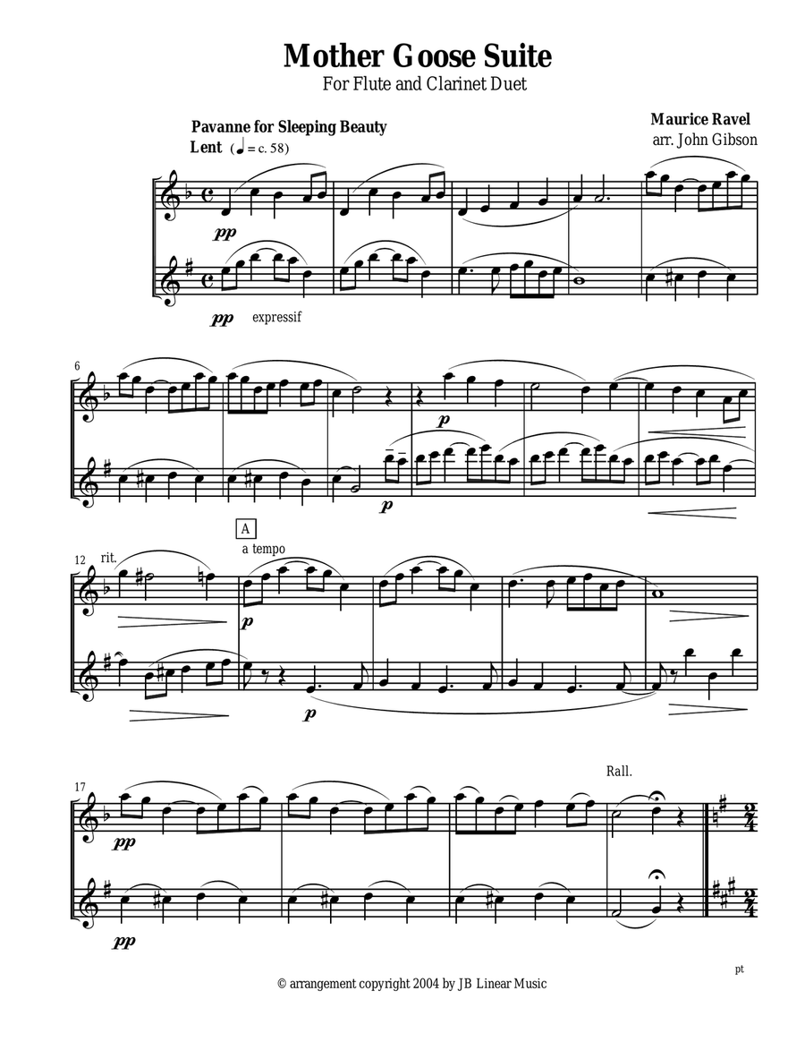 Ravel - Mother Goose Suite Selections for Flute and Clarinet Duet Woodwind Duet scores gallery preview page 1