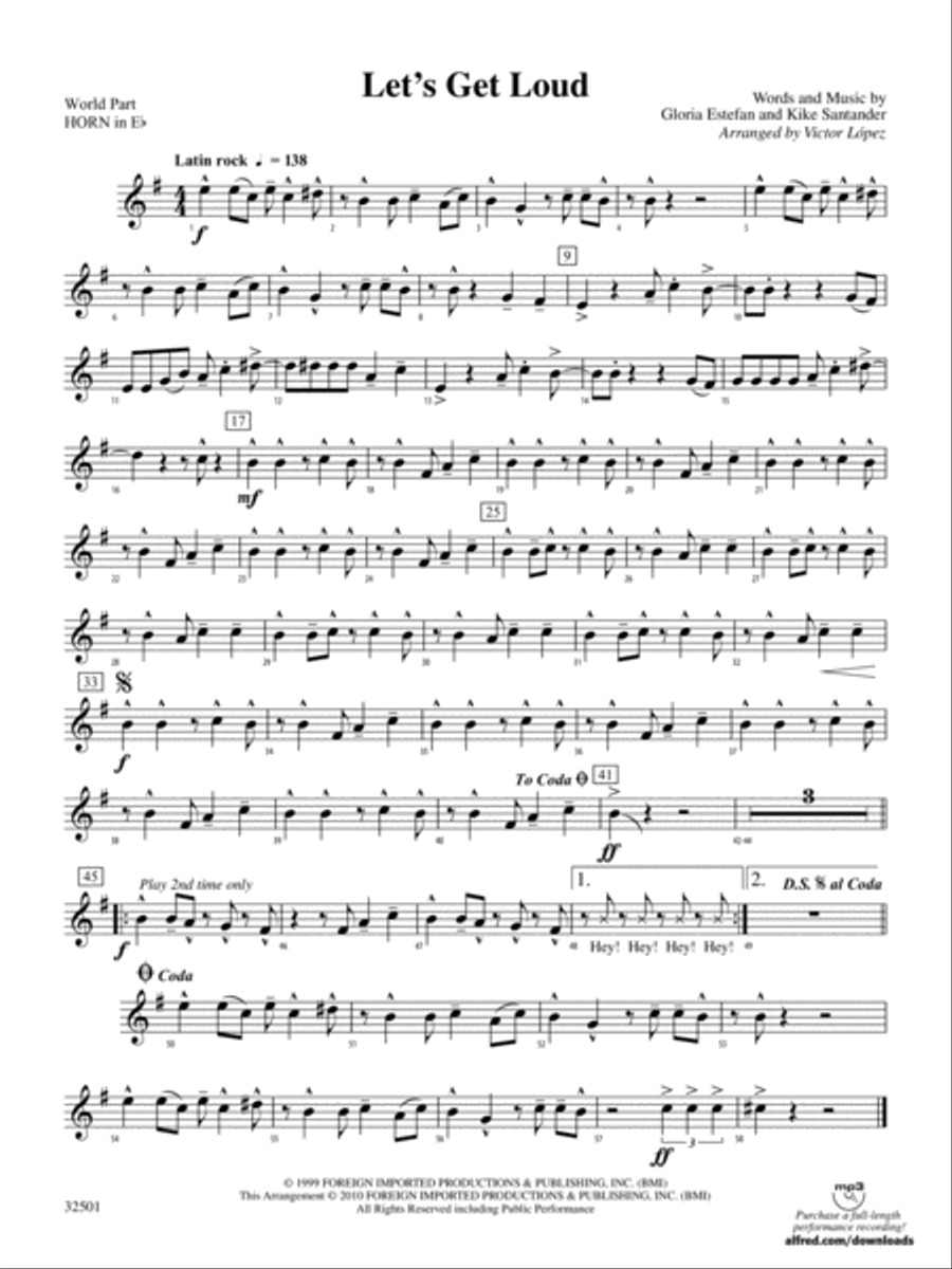 Let's Get Loud: (World Part) 1st Horn in E-flat Concert Band scores gallery preview page 1