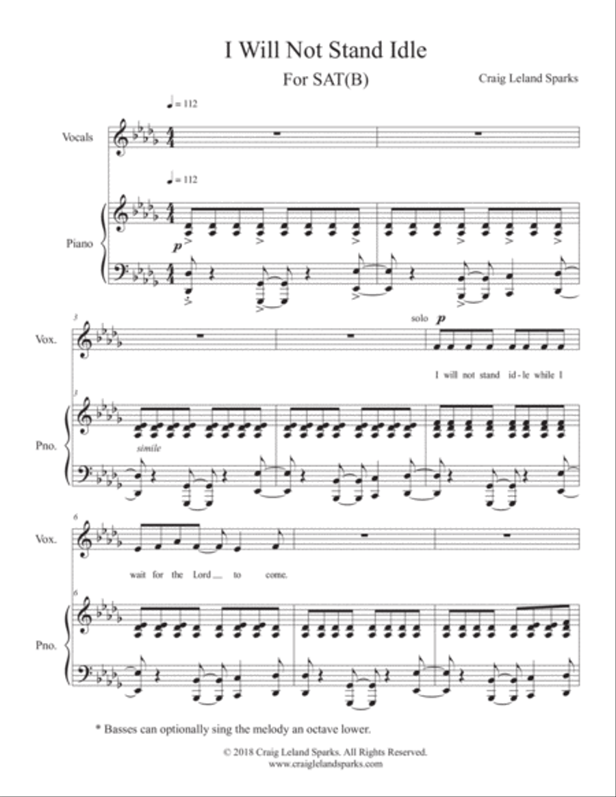 I Will Not Stand Idle (SAT, optional B) 4-Part scores gallery preview page 1