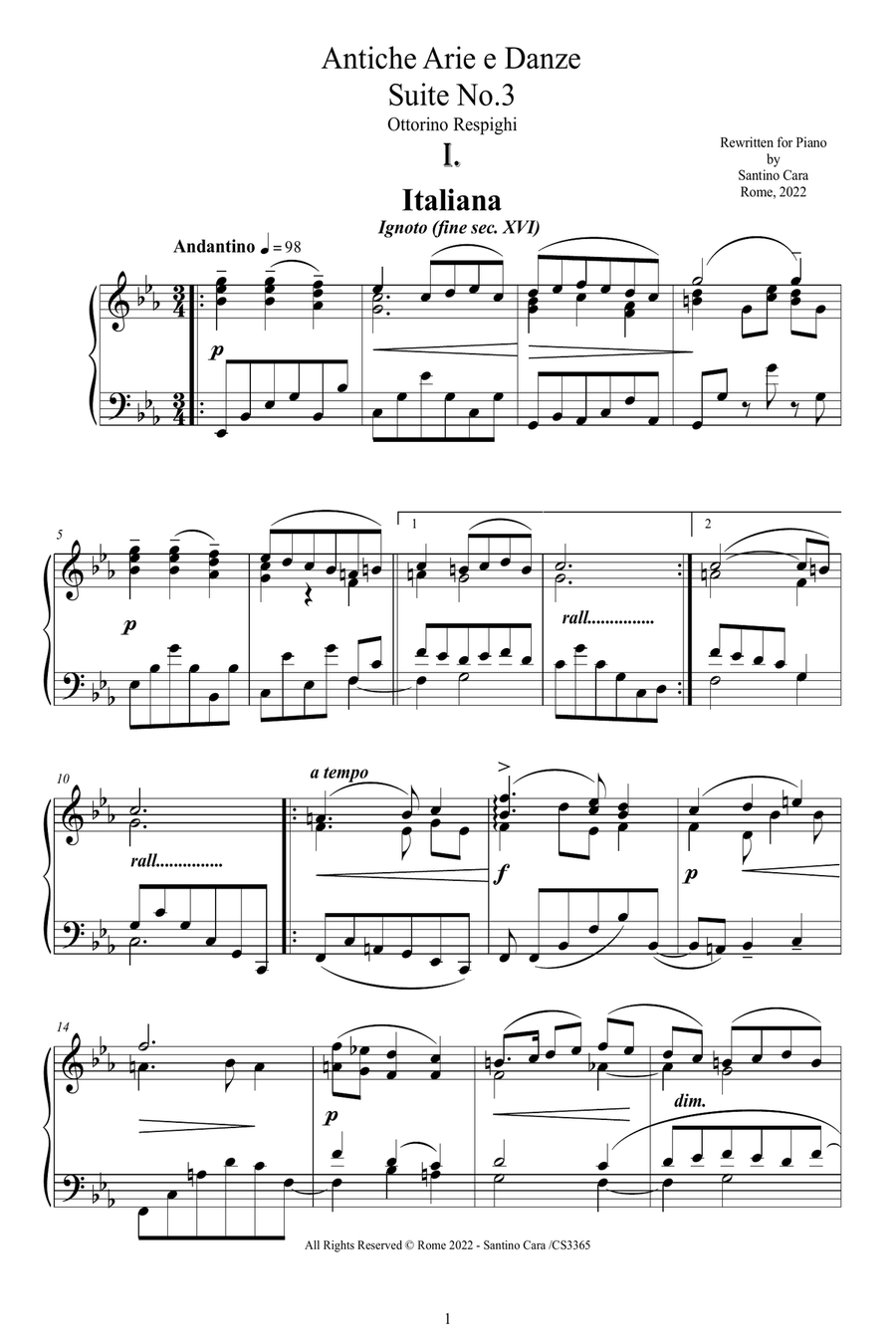 Respighi - Suite No.3 - Antiche Arie e Danze for Piano Piano Solo scores gallery preview page 1