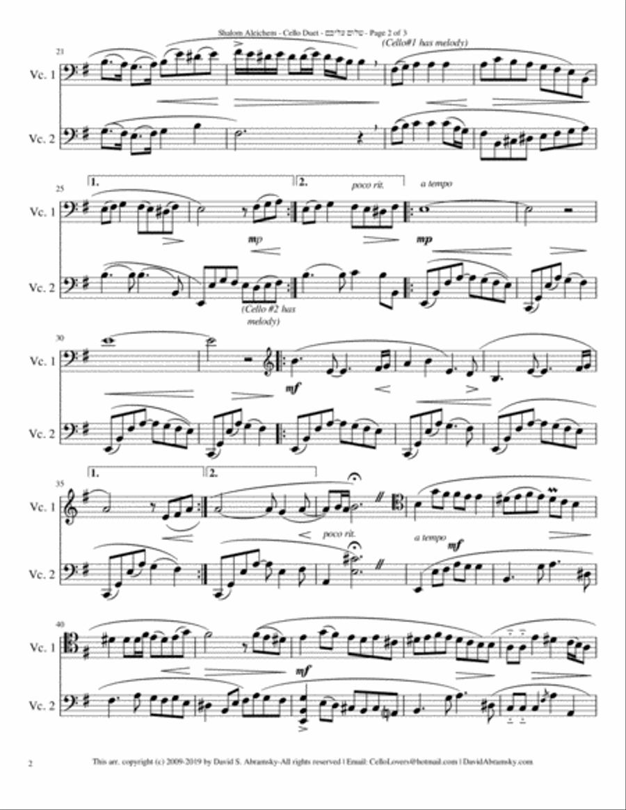 Shalom Aleichem שלום עליכם (arr. for cello duet) String Duet scores gallery preview page 2