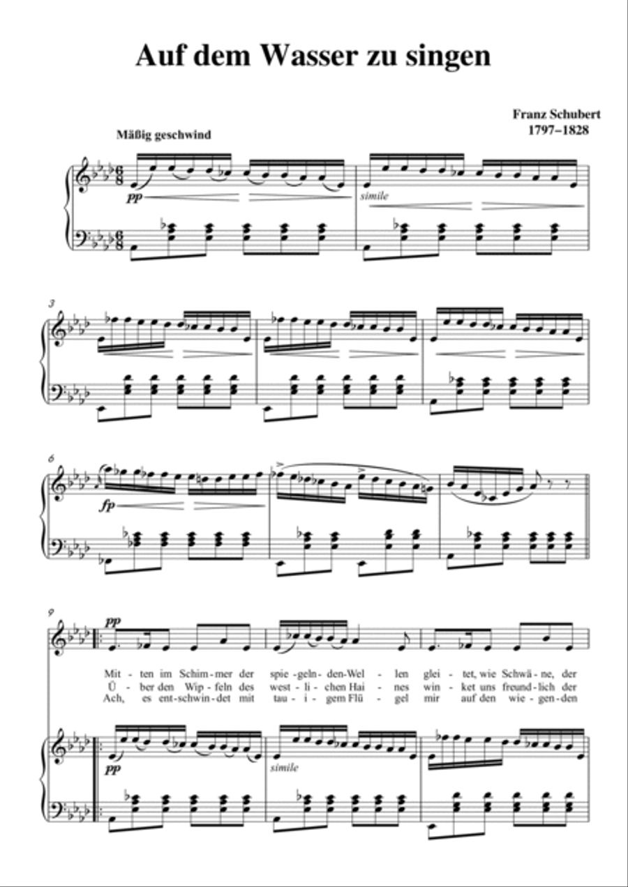 Schubert-Auf dem Wasser zu singen inbA for Vocal and Piano Voice scores gallery preview page 2