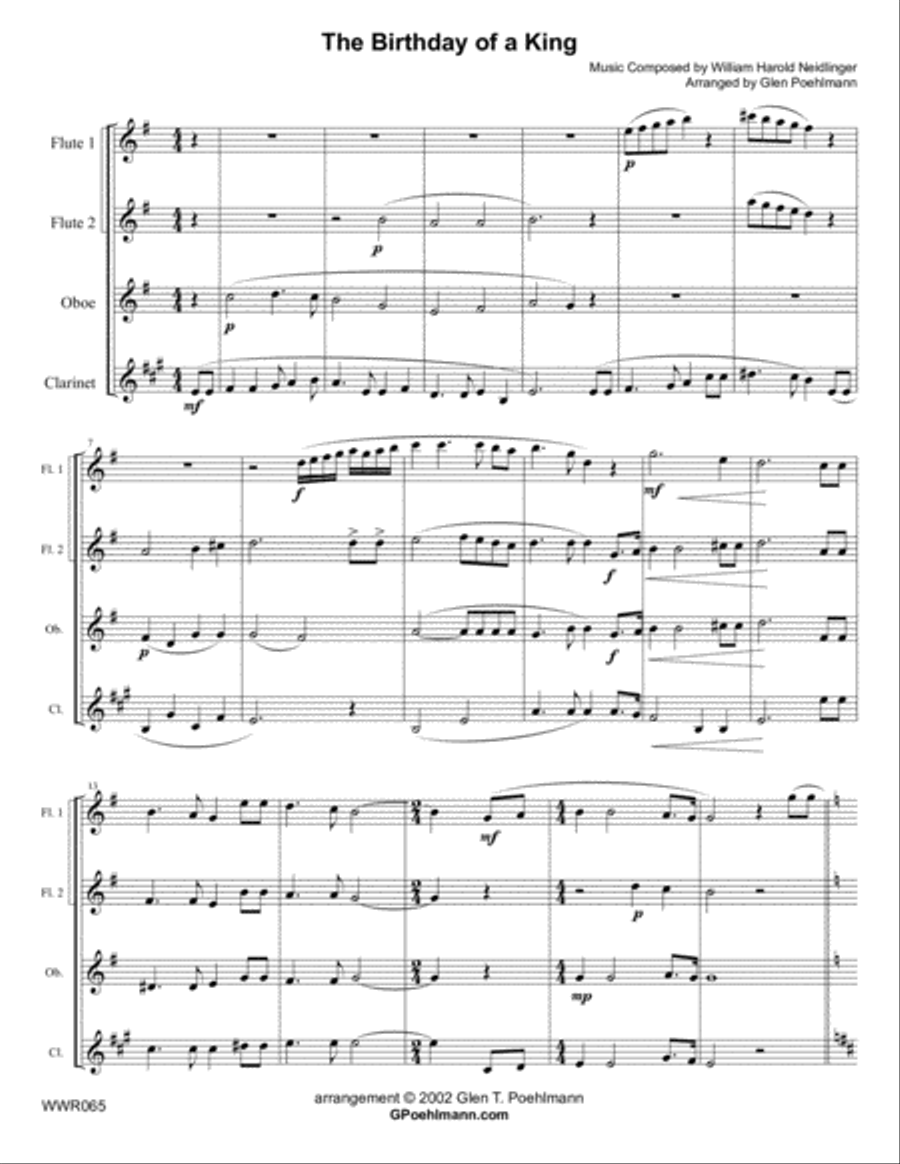 THE BIRTHDAY OF A KING - WOODWIND QUARTET (2 Flutes, Oboe & Clarinet) unaccompanied Woodwind Quartet scores gallery preview page 1