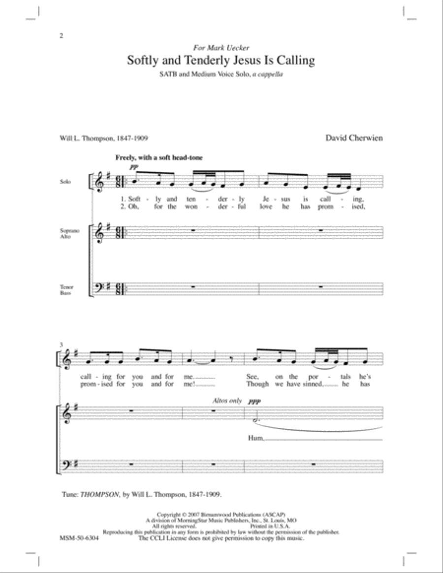 Softly and Tenderly Jesus Is Calling 4-Part scores gallery preview page 2