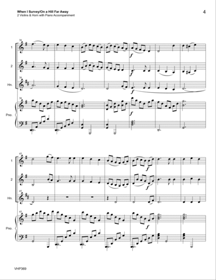 WHEN I SURVEY THE WONDROUS CROSS/ON A HILL FAR AWAY - 2 Violins & Horn (or Viola) with Piano Small Ensemble scores gallery preview page 4