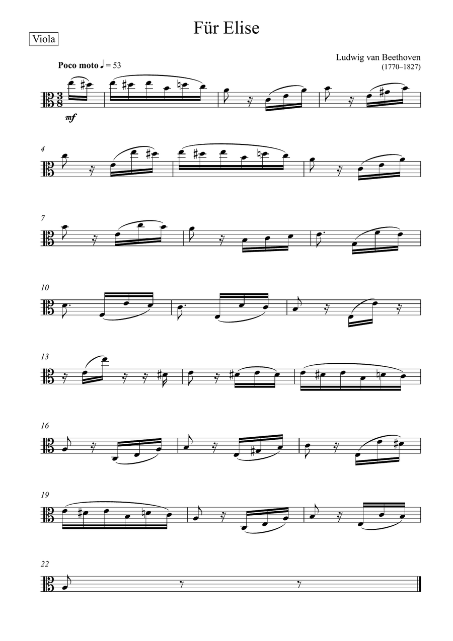 Beethoven - Für Elise (Viola Solo) Easy Version String Duet scores gallery preview page 2