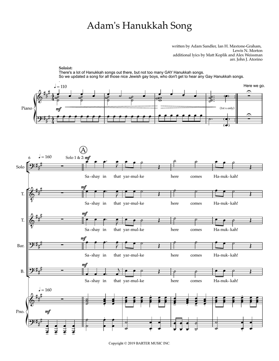 Adam's Hanukkah Song TTBB scores gallery preview page 1