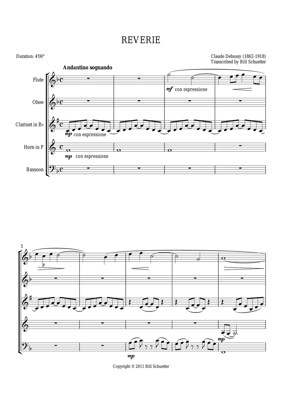 Reverie by Claude Debussy Woodwind Quintet - Digital Sheet Music