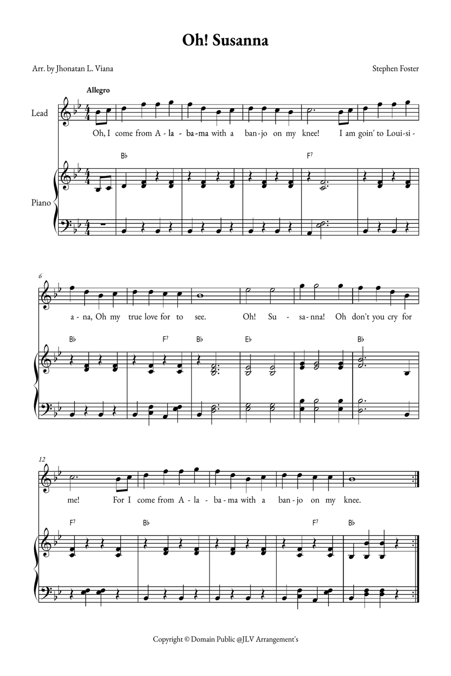 Oh! Susanna Easy Piano scores gallery preview page 1