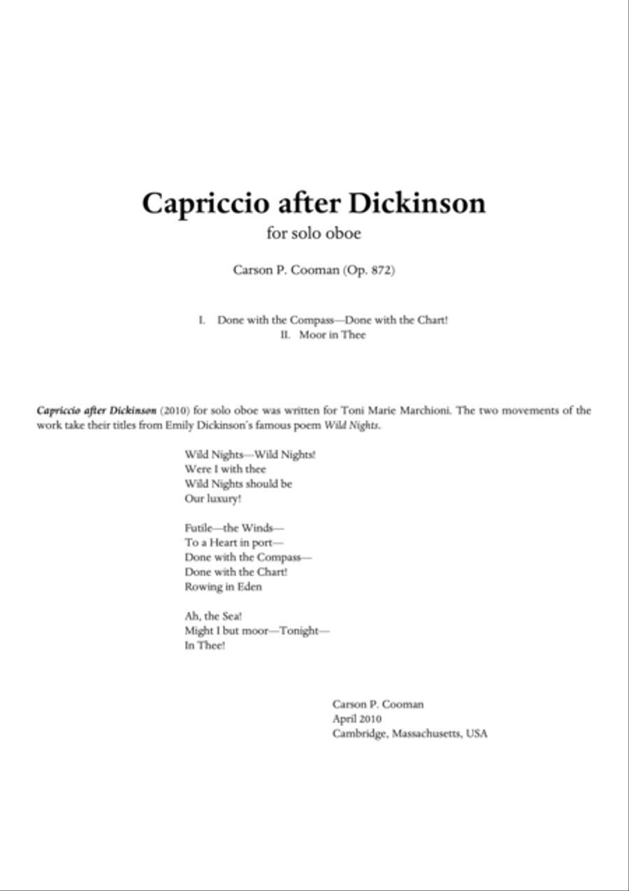 Carson Cooman : Capriccio after Dickinson (2010) for solo oboe Oboe Solo scores gallery preview page 1