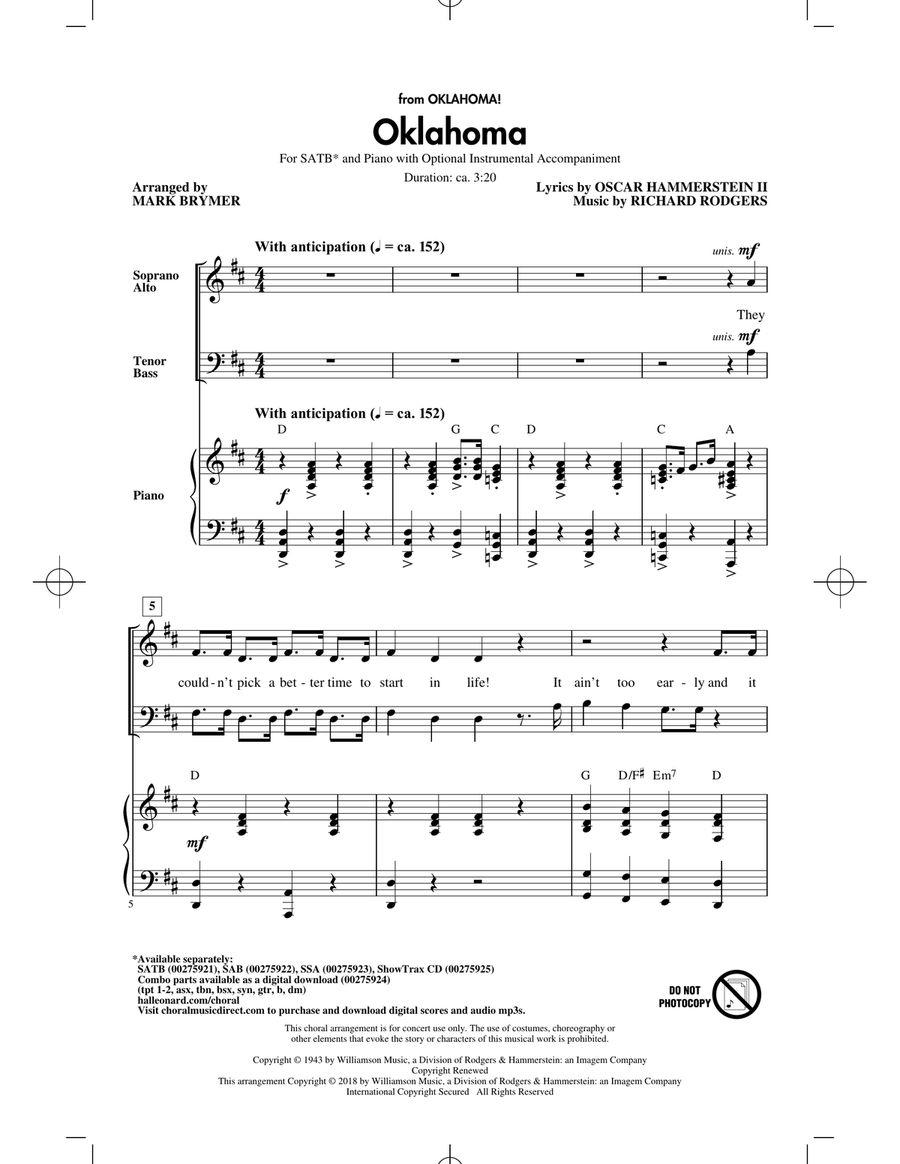Oklahoma (from Oklahoma!) 4-Part scores gallery preview page 1