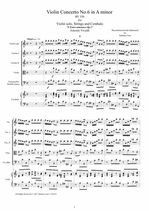 Book cover for Vivaldi - Violin Concerto No.6 in A minor Rv 356 Op.3 for Violin, Strings and Cembalo