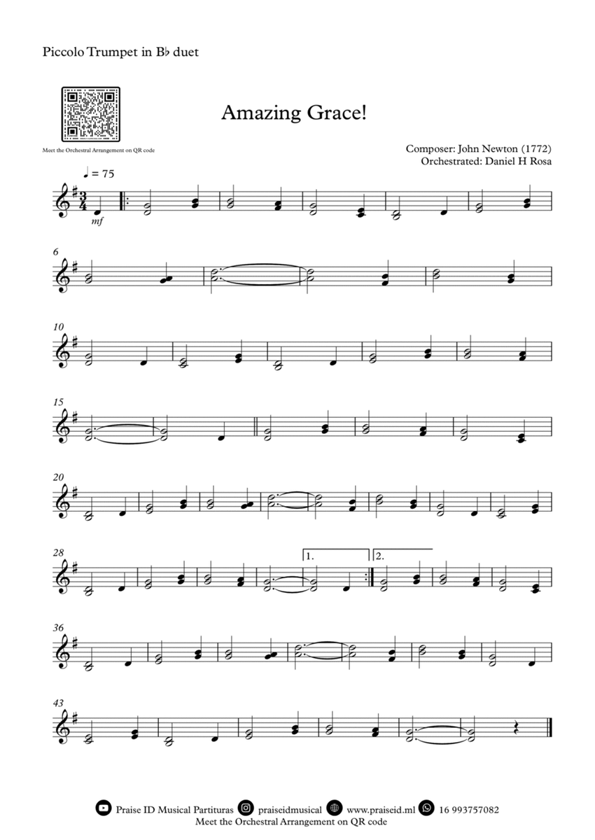 Amazing Grace How Sweet the sound - Easy Piccolo Trumpet Duet image number null