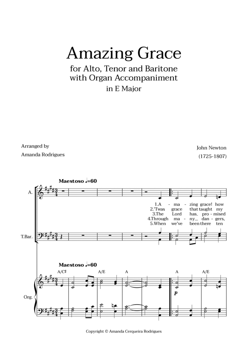 Amazing Grace in E Major - Alto, Tenor and Baritone with Organ Accompaniment and Chords image number null