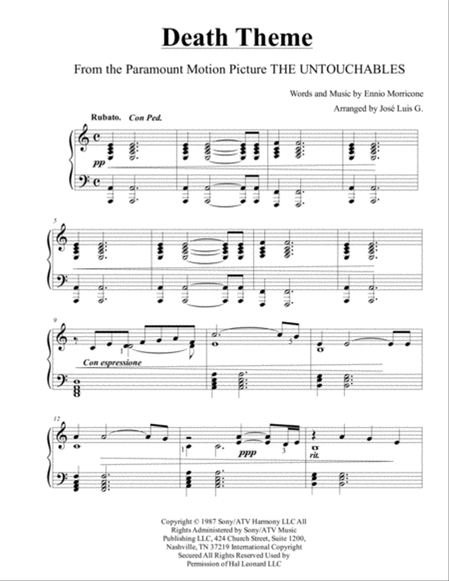 Death Theme from the Paramount Motion Picture THE UNTOUCHABLES Piano Solo scores gallery preview page 1