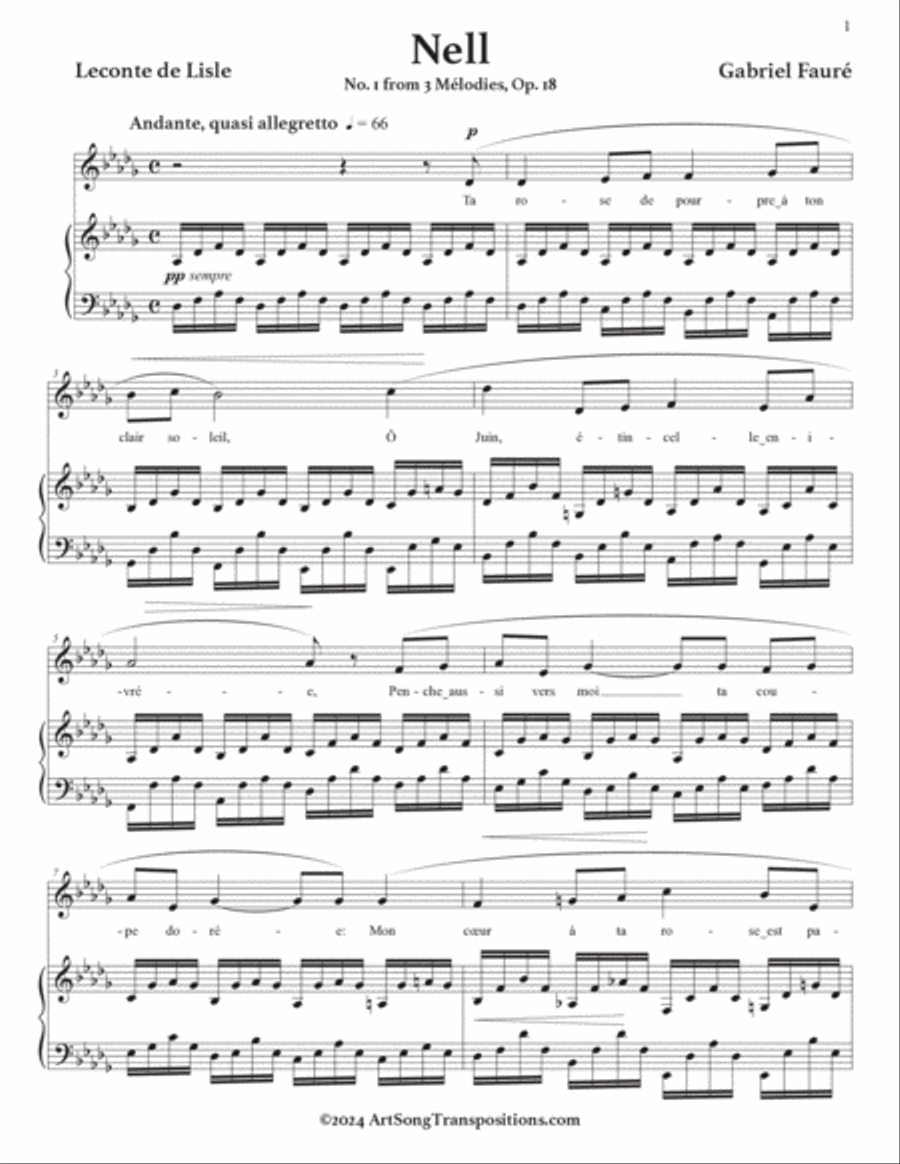 FAURÉ: Nell, Op. 18 no. 1 (transposed to D-flat major) Piano, Vocal scores gallery preview page 2