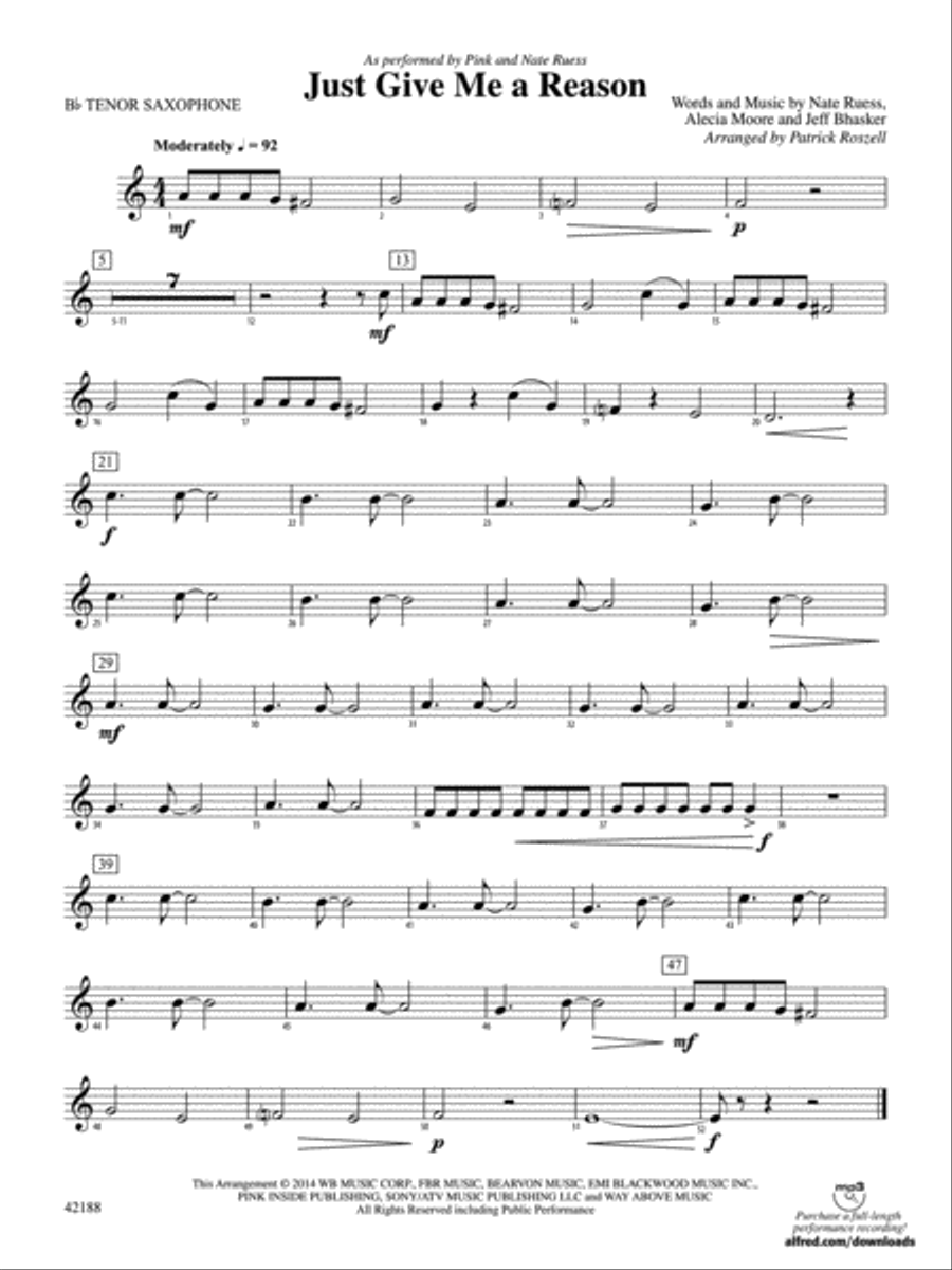 Just Give Me a Reason: B-flat Tenor Saxophone Concert Band scores gallery preview page 1