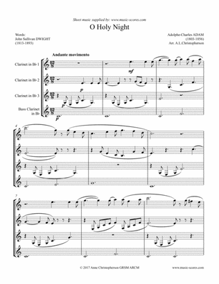 Cantique de Noel; O Holy Night - Clarinet Quartet: 3 Bb Clarinets, Bass Clarinet